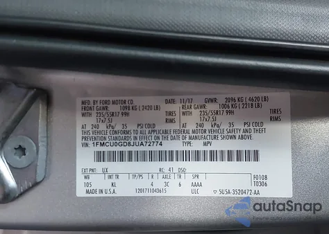 2018 Ford Escape Se z USA, uszkodzony, nr VIN 1FMCU0GD8JUA72774